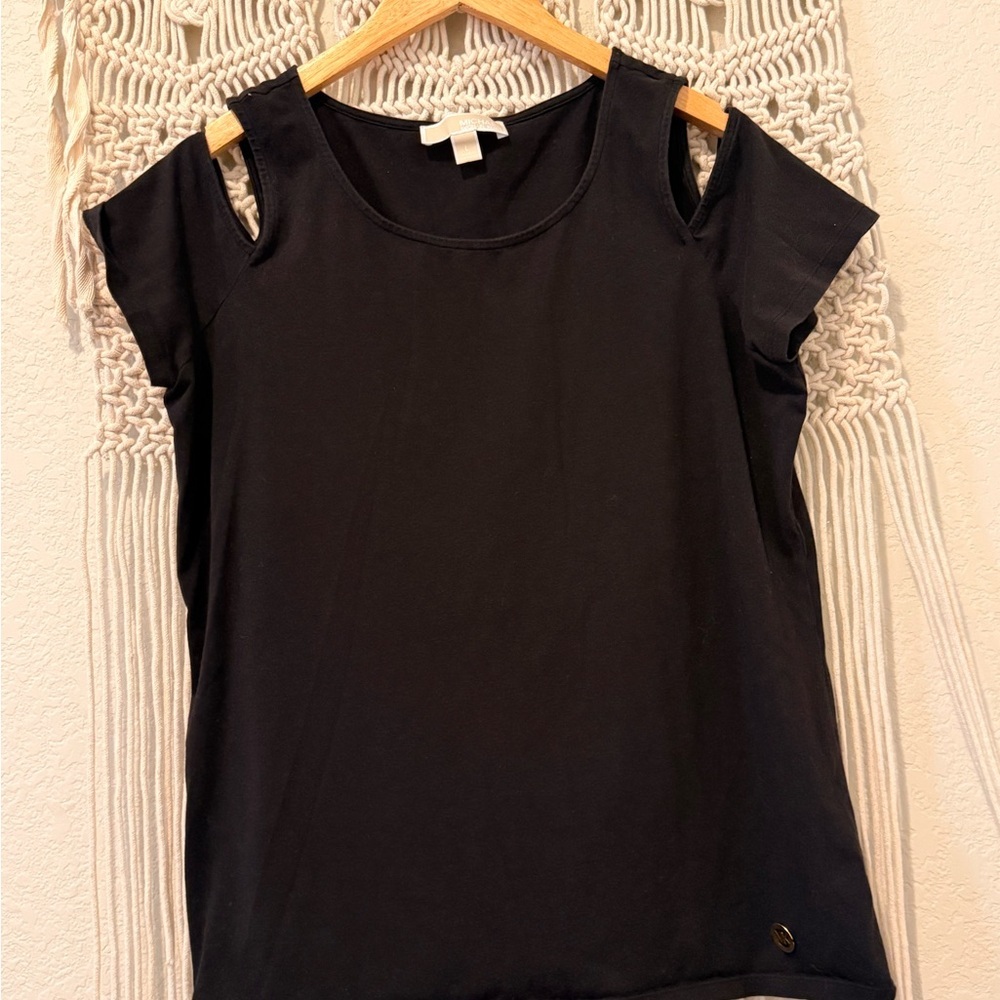 Michael Kors Women’s Black Cutout Shoulder Top L – Short‎ Sleeve with MK Logo
